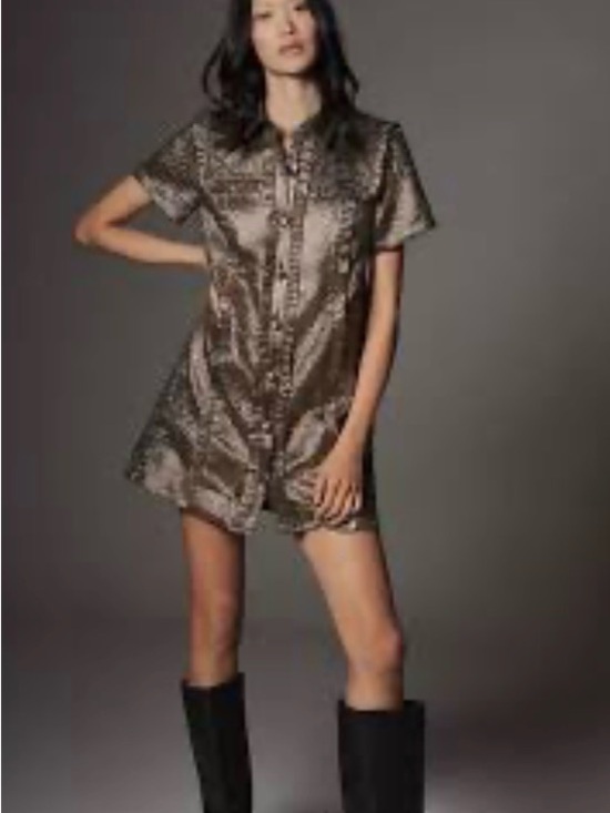 Anthropologie Dresses & Skirts - Anthropologie Metallic Bronze Short-Sleeve Shirt Dress size XS
